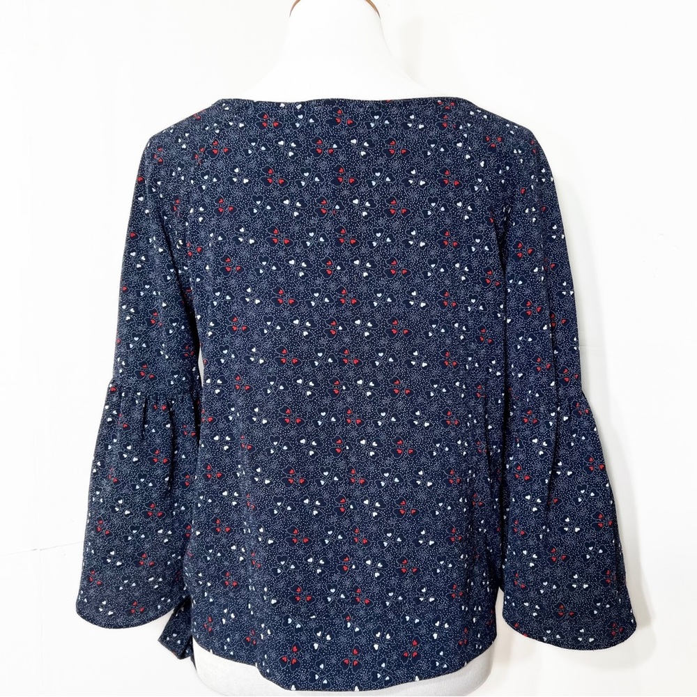 Michael Kors Heart Print Tie Waist 3/4 Bell Sleeve Navy Blue Red Peasant Top S - Picture 5 of 9
